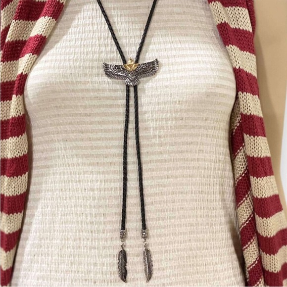 Flying Eagle Gold and Silver Black Braided Rope Bolo Necktie Necklace NEW - Picture 4 of 4
